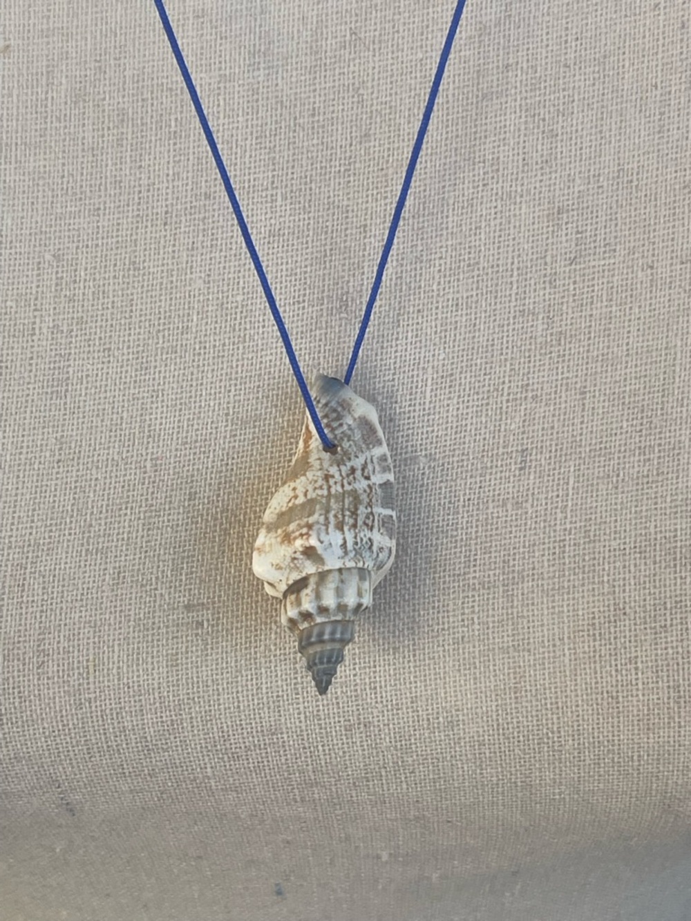 Spiral Seashell Necklace with Blue Nylon Cord Silver Stainless Steel Handmade